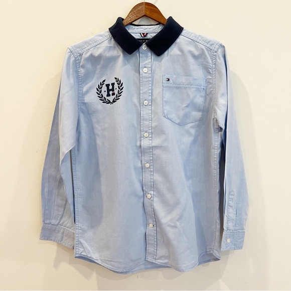 Tommy Hilfiger Boys Shirt Size Large 16/18 Blue Button Up Logo Graphic Nautical - Picture 1 of 7